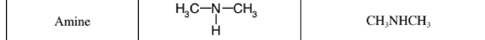 <p>CH3NHCH3 </p><p>An organic compound containing an amino group (-NH2) attached to carbon: R-NH2.</p>
