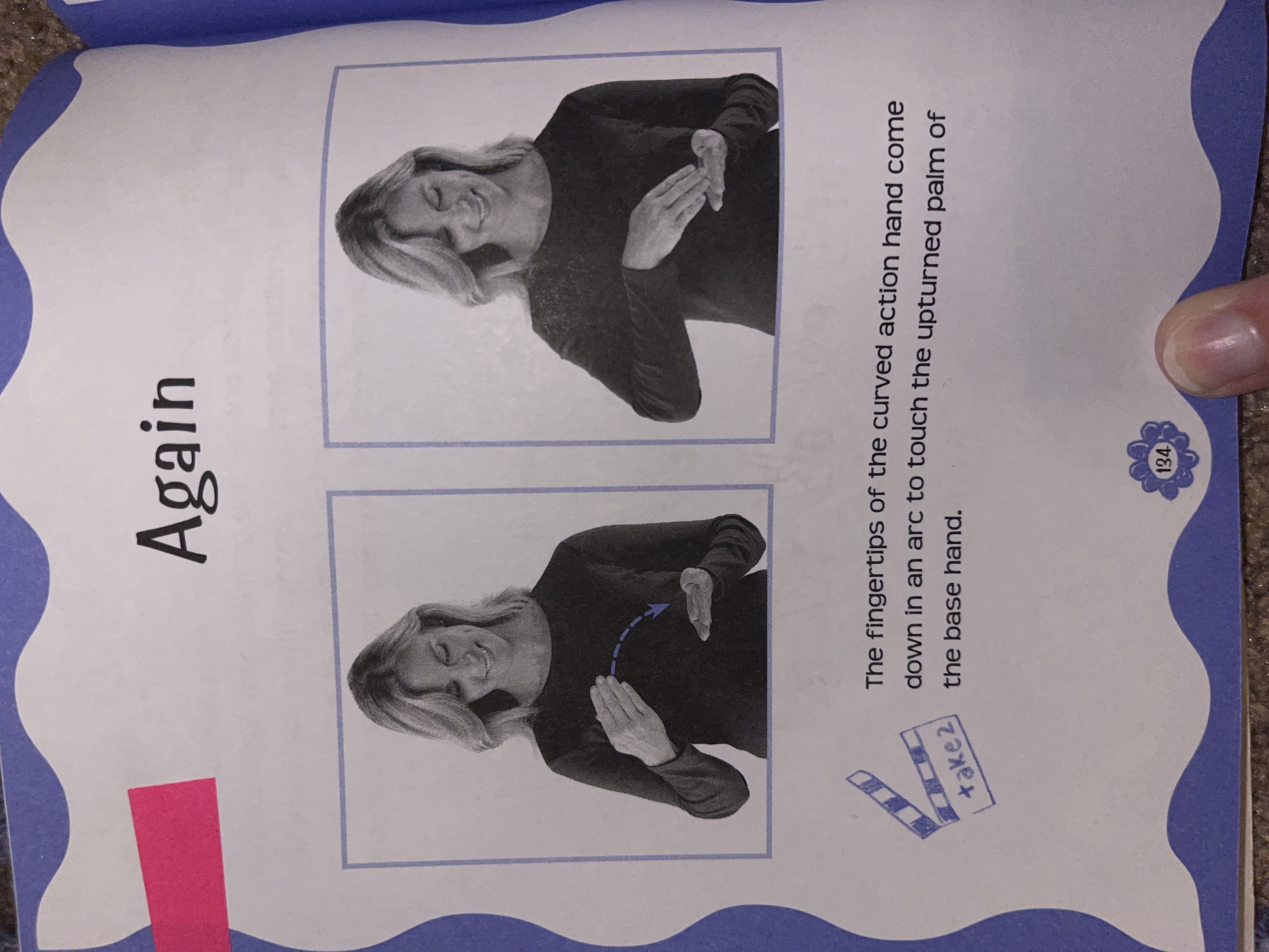 The fingertips of the curved action hand come down in an arc to touch the upturned palm of the base hand.