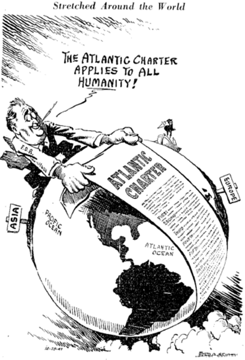 <p>- FDR (U.S.) &amp; Churchill (UK) meet in the North Atlantic Ocean and draw up the Atlantic Charter<br> - Even though the U.S. is not at war, the Charter lays out common war goals and strategy <br> - U.S. acts like Britain's Ally</p>