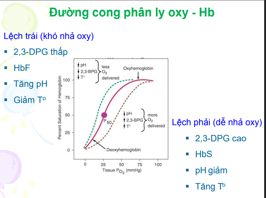 <p>Làm lệch phải(giảm ái lực):</p><ul><li><p>2,3DPG</p></li><li><p>PH giảm</p></li><li><p>HbS</p></li><li><p>Tăng t<sup>o</sup></p></li></ul><p></p>