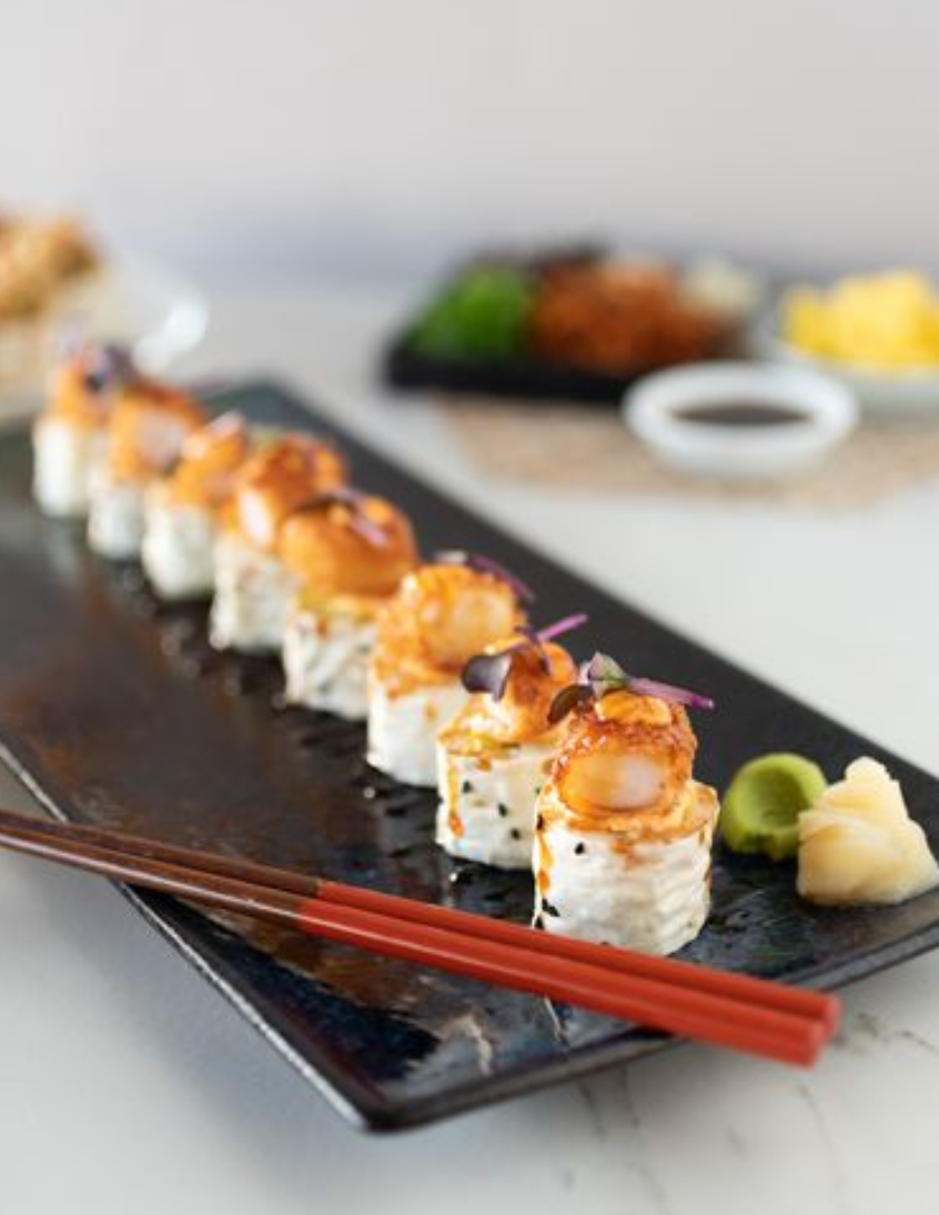 <p>base roll: mango, avocado, cucumber, sushi rice, soy paper</p><p><span>Panko breaded sustainable prawns</span></p><p><span>Sriracha Mayo</span></p><p><span>Sushi Sauce</span></p><p><span>Ruby Radish Sprouts</span></p><p></p>