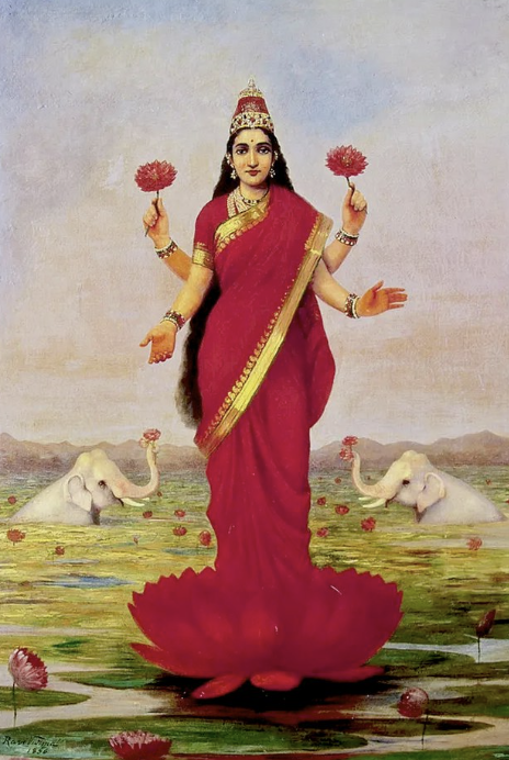 <ol><li><p><span>Generally single headed, wearing a red sari</span></p></li><li><p><span>Cross legged seated on a red lotus</span></p></li><li><p><span>Four armed, a pair holding two red lotuses and other pair emanates gold coins</span></p></li><li><p><span>Pair of elephants with pots pouring water</span></p></li></ol>
