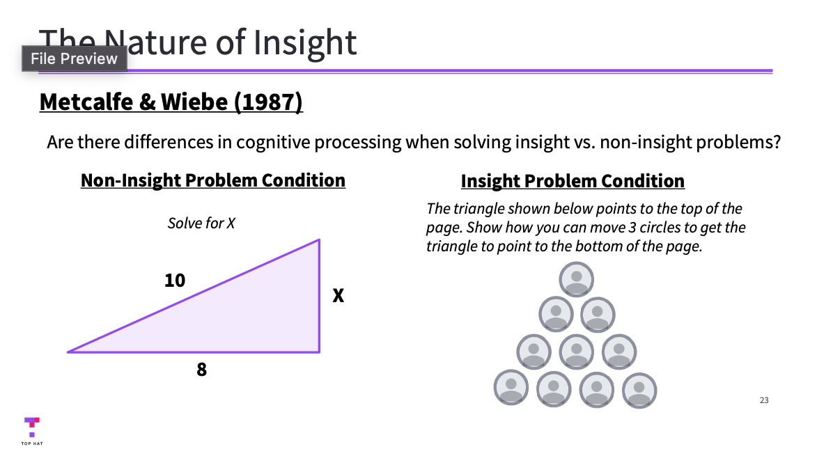 <p>Insight Problems</p><ul><li><p>Problem in which the solution occurs suddenly in your consiousness</p></li></ul><p>Non- Insight problems</p><ul><li><p>Problems in which you must consciously work through each step of a problem to arrive at a solution </p></li></ul><p></p>