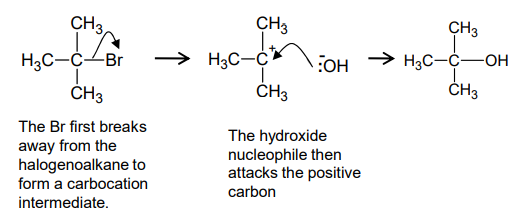 <ul><li><p>this is due to the tertiary carbocation being stabilised by the electron releasing methyl groups around it</p></li><li><p>bulky methyl groups prevent the hydroxide ion from attacking the halogenoalkane</p></li></ul><p></p>