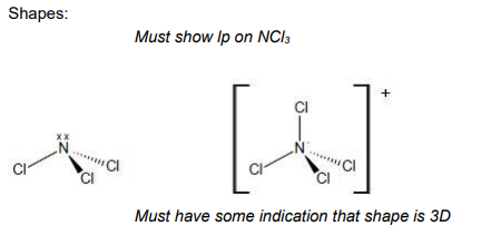 <p>Name of shape of NCl<sub>3</sub> = Pyramidal<strong> allow tetrahedral&nbsp;</strong>&nbsp;(1)&nbsp;</p><p>Bond angle =109.5&nbsp;</p><p>(4 bp and 0 lp) electron pairs repel equally / electron pairs repel to be as far apart as possible (1)&nbsp;</p>