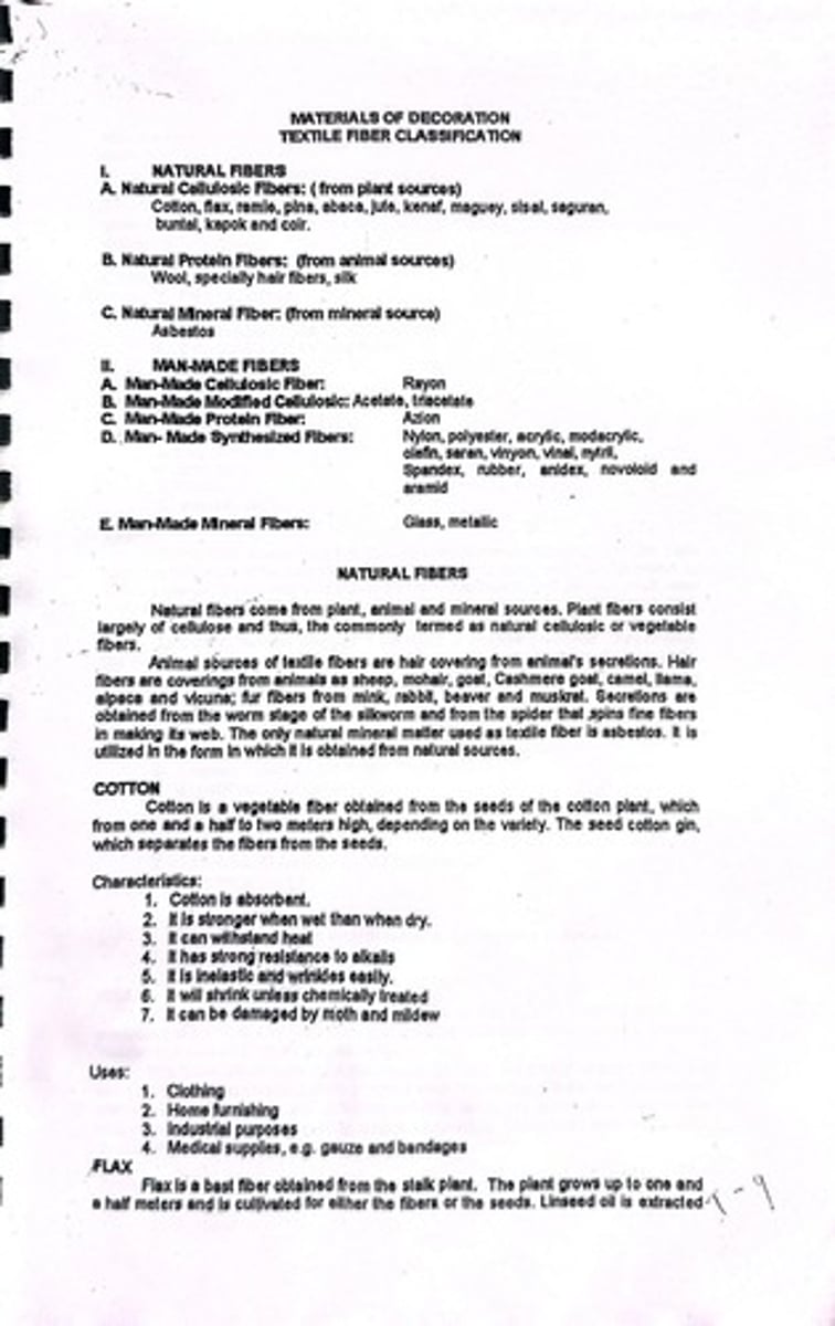 <p>Fibers that come from nature, classified into protein and cellulose fibers.</p>