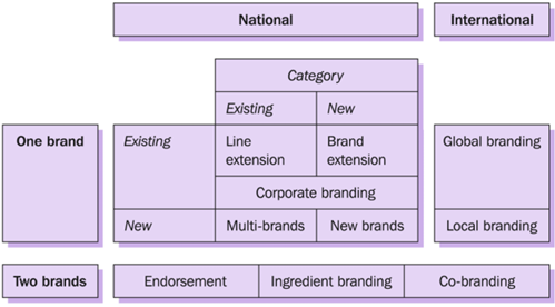 <ul><li><p>Individual branding</p></li><li><p>Family branding</p></li><li><p>Corporate branding</p></li><li><p>Line extensions</p></li><li><p>Brand extensions</p></li><li><p>Endorsement branding</p></li><li><p>Co-branding</p></li><li><p>Ingredient branding</p></li><li><p>Glocal branding</p></li></ul><p></p>