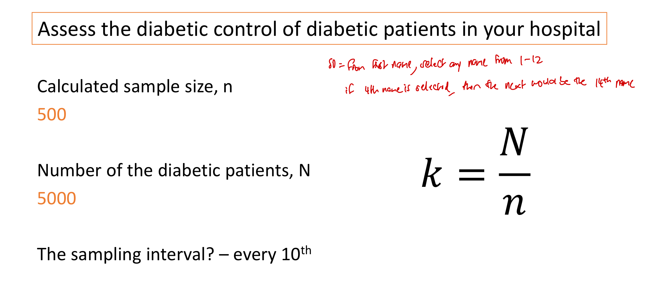 <ul><li><p>know the population size, N</p></li><li><p>determine the sample size, n</p></li><li><p>determine the sampling interval, k</p></li><li><p>k = N/n</p></li></ul><p></p>
