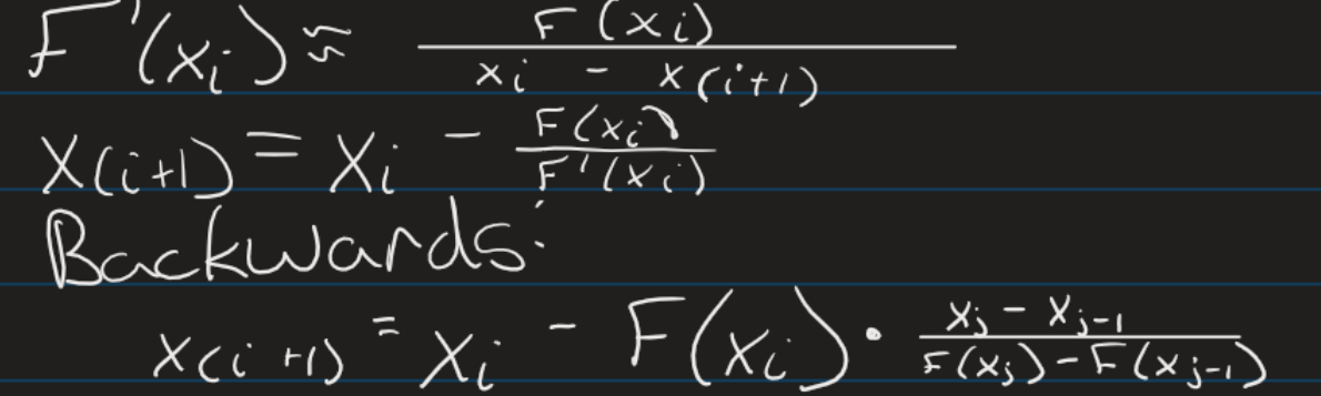 <ul><li><p>Most widely used&nbsp;root finding method</p></li><li><p>Initial guess xi, extend tangent from the point [xi, F(xi)]</p></li><li><p>Point where tangent line crosses x-axis becomes improved estimate</p></li><li><p>F’(xi) = F(xi) / [ xi - x(i+1) ]</p></li><li><p>Fastest convergence, very efficient</p></li><li><p>Bad for: multiple roots, high curvature, local minima, sigmodal curves</p><ul><li><p>Can have divergence or jumping between roots</p></li><li><p>Local min / max send estimate to - or + infinity&nbsp;lkk</p></li></ul></li><li><p>x(i+1) = xi - F(xi)/F’(xi)</p></li><li><p>Backwards/Secant: x(i+1) = xi - F(xi) * [ xj - x(j-1) ] / [ F(xj) - F(xj-1) ]</p></li></ul>