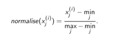so that no data is more weighted than the others. All data is between 0 and 1 - drawback is that its sensitive to outliers