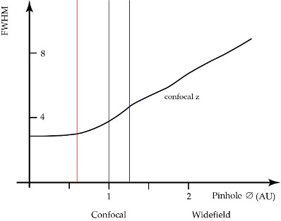 <p><strong>The Pinhole</strong></p><p><span>Axial response to pinhole diameter. A practical setting for confocal microscopy is a diameter of 1 AU (grey vertical). When increasing the diameter, the detector will pick up extrafocal signal, the z-sectioning performance is deteriorated, although the intensity might increase. For pinhole diameters below 1 AU the sectioning performance will still increase, but assume a finite diffraction limited value at diameter zero.</span></p>