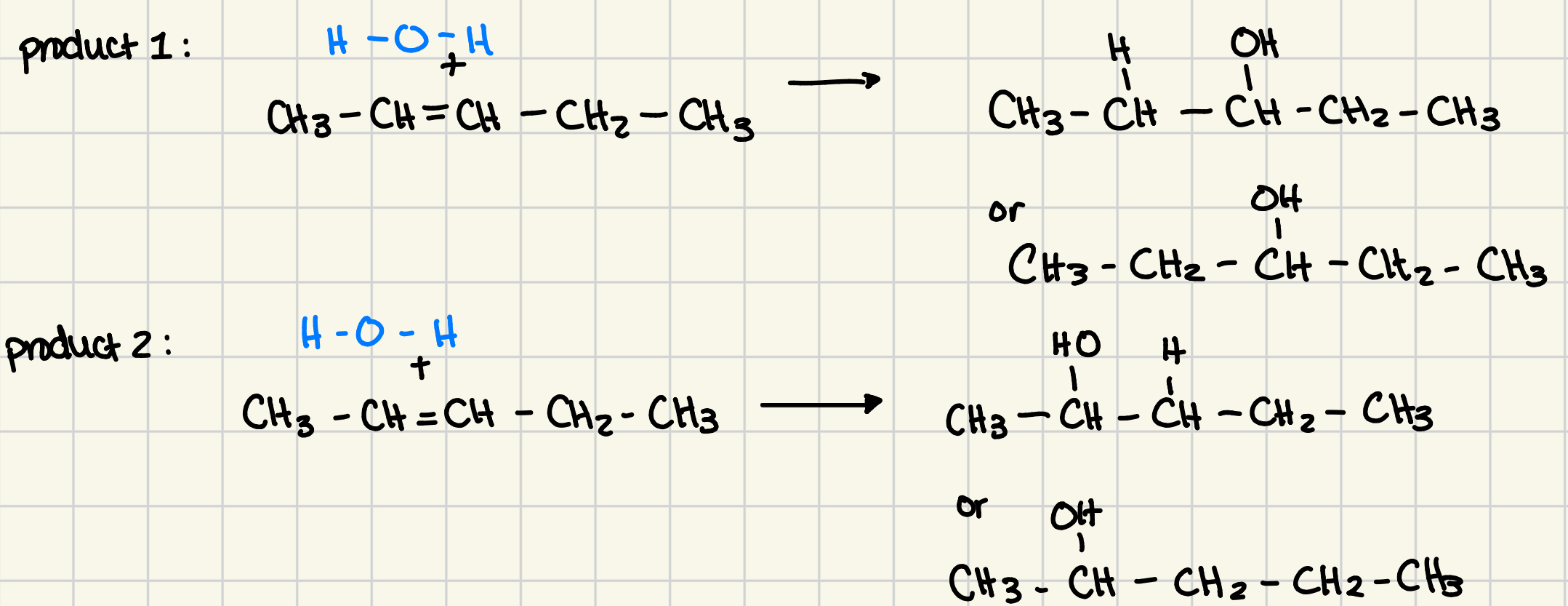 <p>the hydroxyl group can be bonded to either side of original alkene group (the double bond)</p>