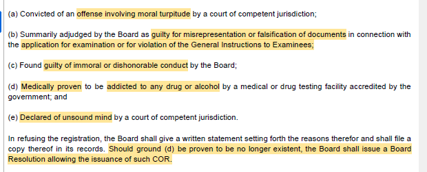 <p>Article 3 Section 23</p><ul><li><p>The Board shall not register any successful examinee who has been:</p></li></ul><p></p>
