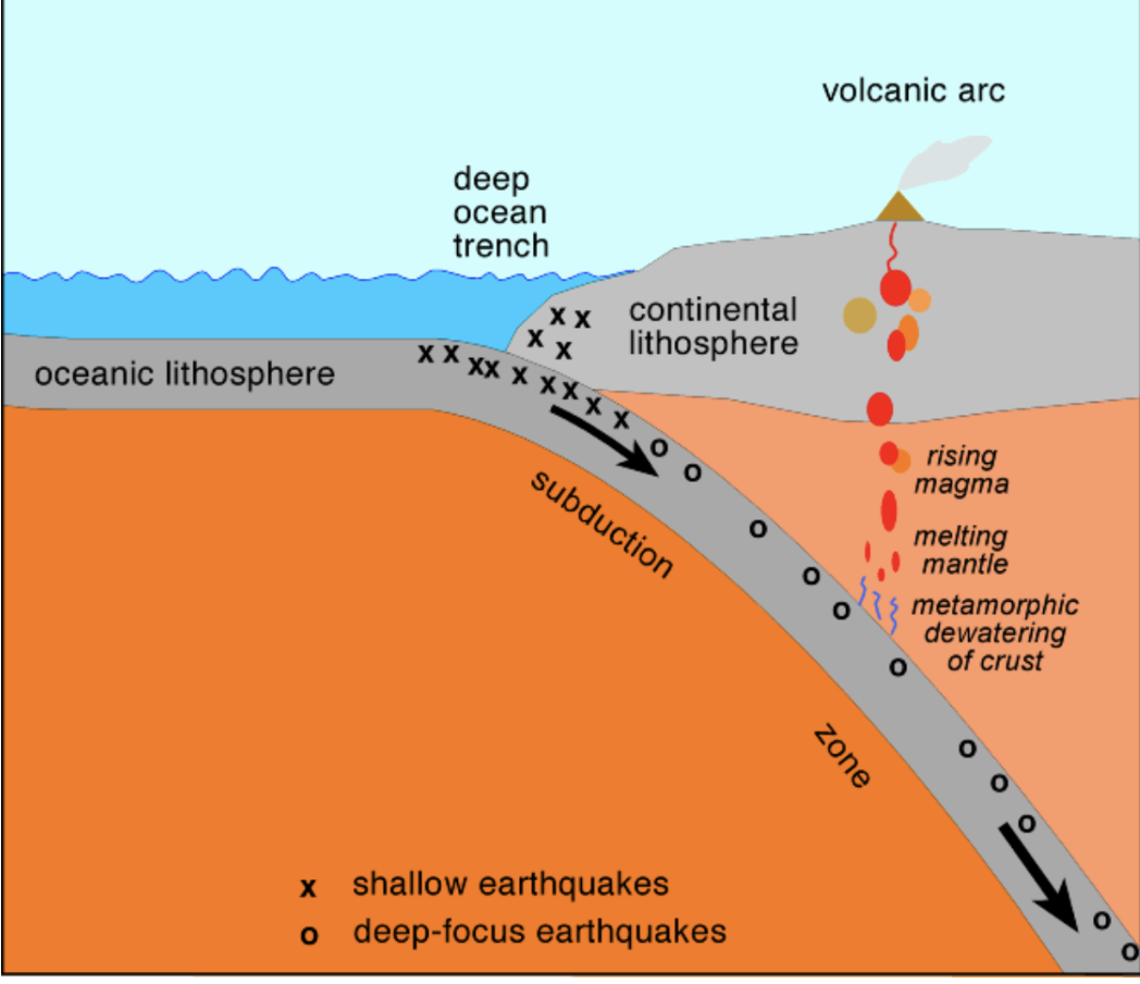 <ul><li><p>A plate subducts beneath another plate.</p></li><li><p>The subducting plate <strong>releases water</strong> from hydrated minerals.</p></li><li><p><strong>Water is added to the overlying mantle</strong> ⟵ <strong>this is flux melting</strong></p></li><li><p>The added water lowers the melting point of the mantle.</p></li><li><p>The mantle <strong>partially melts</strong>, forming magma.</p></li></ul><p>E.g. Japan and Indonesia. </p>