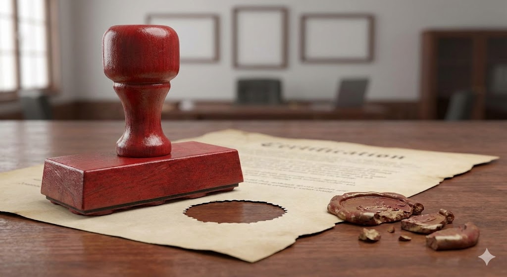 <p>(v.) <strong>rút lại; bác bỏ sự xác nhận</strong></p><p>to remove a formal or official title or description from a person, an organization, etc., usually so that they no longer have the right to do something</p><p><span style="color: blue;"><strong><em><span>→ The organization decided to ______ →company for violations.</span></em></strong></span></p>