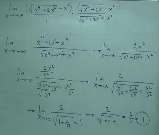 <p>Rationalize by the conjugate. Solving limits w radicals. Divide by the largest power in the radical. Divide by the largest power in the denominator.</p>