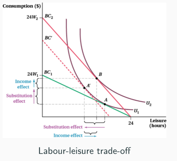 <p>A change in wage triggers the substitution and income effect</p><p>E.g. Increase in wage rate, means that the initial bundle of leisure and consumption chosen on the first indifference curve and budget line changes as the budget line pivots outwards, making leisure more expensive, and so there is a new bundle B on a new indifference curve and budget line</p><p>The substitution effect shows how the individual substitutes AWAY from leisure towards more work, as the budget line is shifted inwards so it crosses through the original indifference curve and the shift from A to A’ reflects this. Then the income effect shows how higher income (from higher wages) then increases demand for leisure, moving from A’ to B, so the total effect is shown by movement from A to B - on a higher indifference curve reflecting increased overall well-being.</p><p>The total effect depends on the relative strength/direction of the two effects and at lower wage levels the substitution effect dominates and vice versa</p>