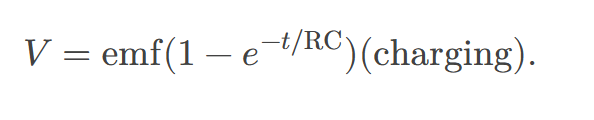 <p><span><span>the voltage rises, asymptotically approaching the emf of the voltage source; as a function of time,</span></span></p>