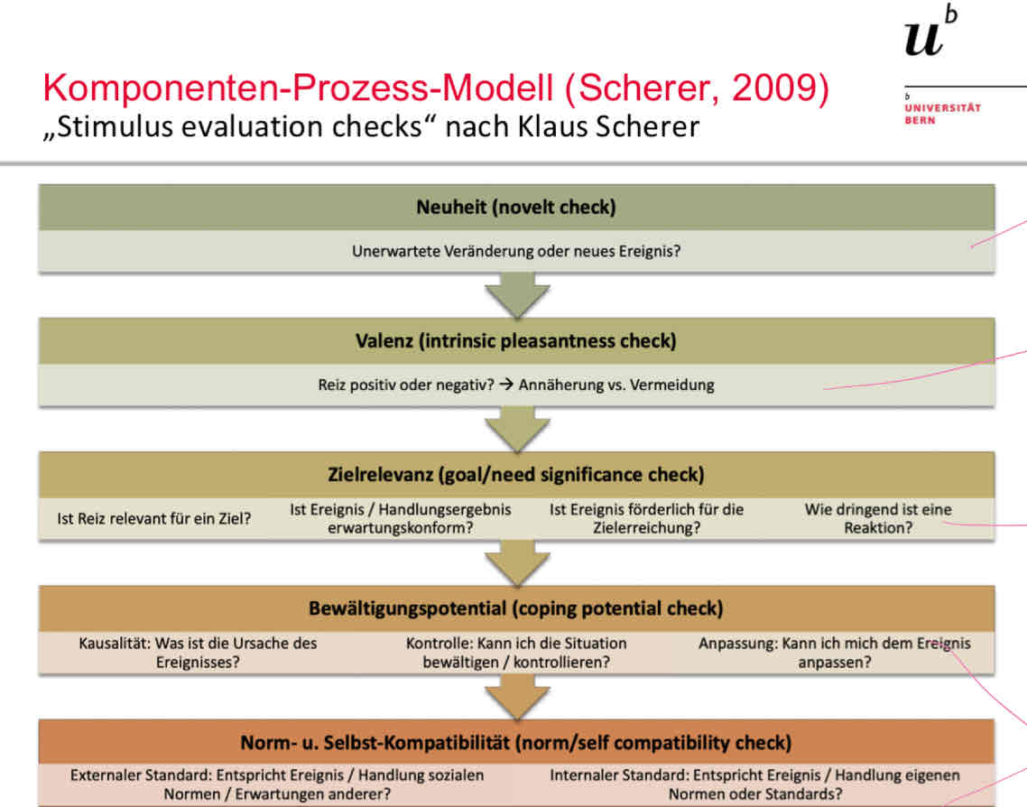 <p>= deconstruction of evaluation of a stimulus </p><ol><li><p>Neuheit:</p></li><li><p>Valenz:</p></li><li><p>Zielrelevanz</p></li><li><p>Bewältigungspotential:</p></li><li><p>Norm- und Selbstkompatibilität</p></li></ol>