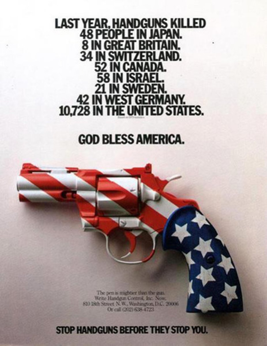 <p>Text: Last year, handguns killed 48 people in Japan, 8 in Great Britain, 34 in Switzerland, 52 in Canada, 58 in Israel, 21 in Sweden, 42 in West Germany, 10,728 in the United States. God Bless America.</p>