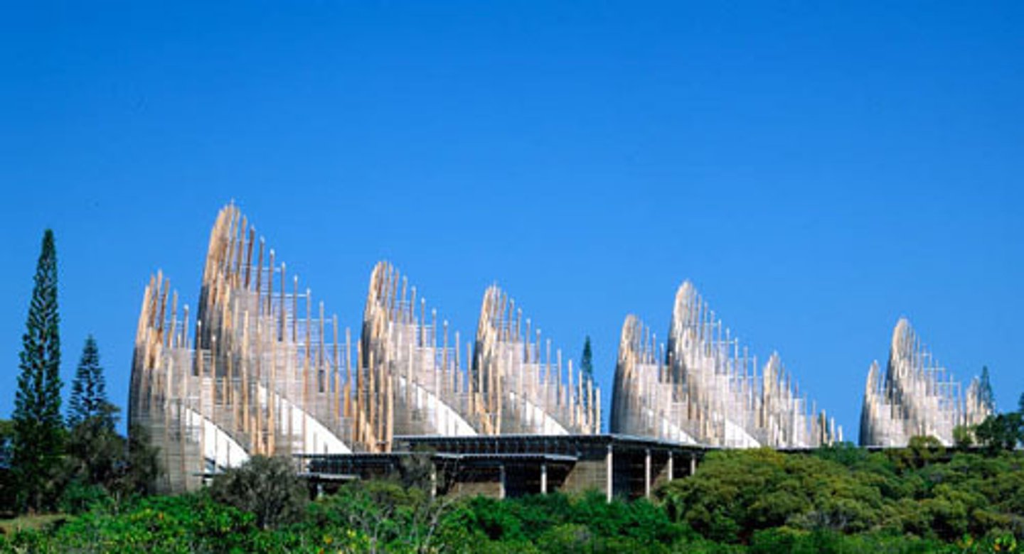 <p>used by Renzo Piano; is an outer layer iroko wood inner layer of moveable glass louvers; buildings are ventilated passively and act as chimneys to draw warm out, seen in jean Marie tjibaou cultural center (shown here)</p>