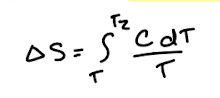 <p>If heat capacity varies with temperature, there is no easy formula. Integrate C/T instead. </p><p>Unlike heat, entropy is a state function. ∆S depends only on the initial and final states, but not on the path taken.</p>
