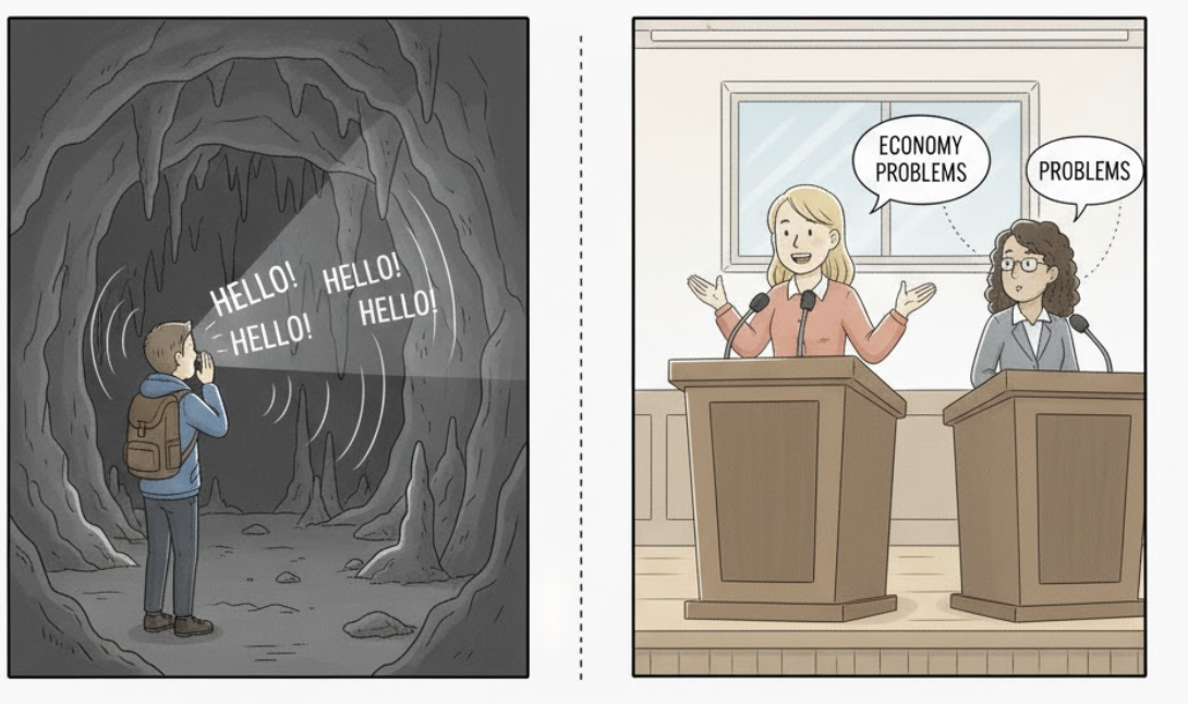 <ol><li><p><strong>repeated by sound waves; reverberated</strong></p></li></ol><p> (vang vọng lại, dội lại)</p><ol start="2"><li><p><strong>was repeated or strongly resembled something else</strong> </p></li></ol><p>(nhắc lại, lặp lại ý kiến; tương đồng với)</p><p></p>