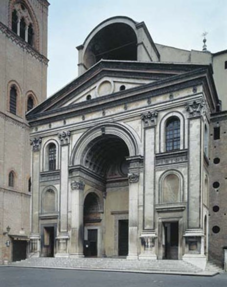* Greek/Roman columns, not a Gothic compound
* Flat roof compared to arched gothic roofs of cathedrals
* Rounded arches (more greek/roman) compared to pointed arches of gothic style
* Laid out mathematically in squares/ bay (uses darker stone to show basic unit so you can literally see the proportions of the squares)