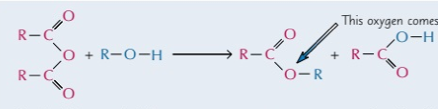 <p>produces both an ester and carboxylic acid, where one reactant splits and gains R</p>