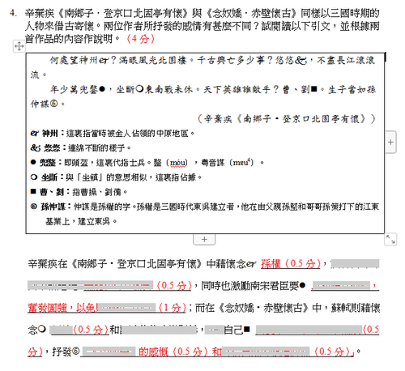 <p>辛棄疾在《南鄉子‧登京口北固亭有懷》中藉懷念j 孫權（0.5分），諷刺當時的南宋朝廷k 無能和苟且偷安（0.5分），同時也激勵南宋君臣要l 以孫權為榜樣，奮發圖強，以免敗壞祖宗基業（1分）；而在《念奴嬌‧赤壁懷古》中，蘇軾則藉懷念m 周瑜（0.5分）和記述他的功業顯赫，反襯自己n 白髮早生，但卻一事無成（0.5分），抒發†「人間如夢」的感慨（0.5分）和寄情自然的曠達胸襟（0.5分）」。</p>