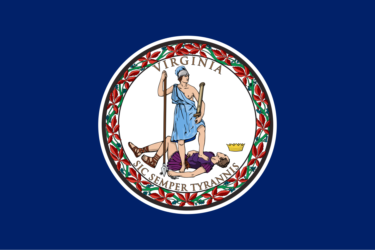 <p>Dark blue background with an emblem showing a classical woman stepping on a defeated tyrant. “Virginia Sic Semper Tyrannis”</p>