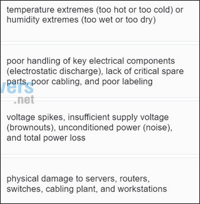 <p>Match threat type to cause: electrical, hardware, environmental, maintenance.</p>