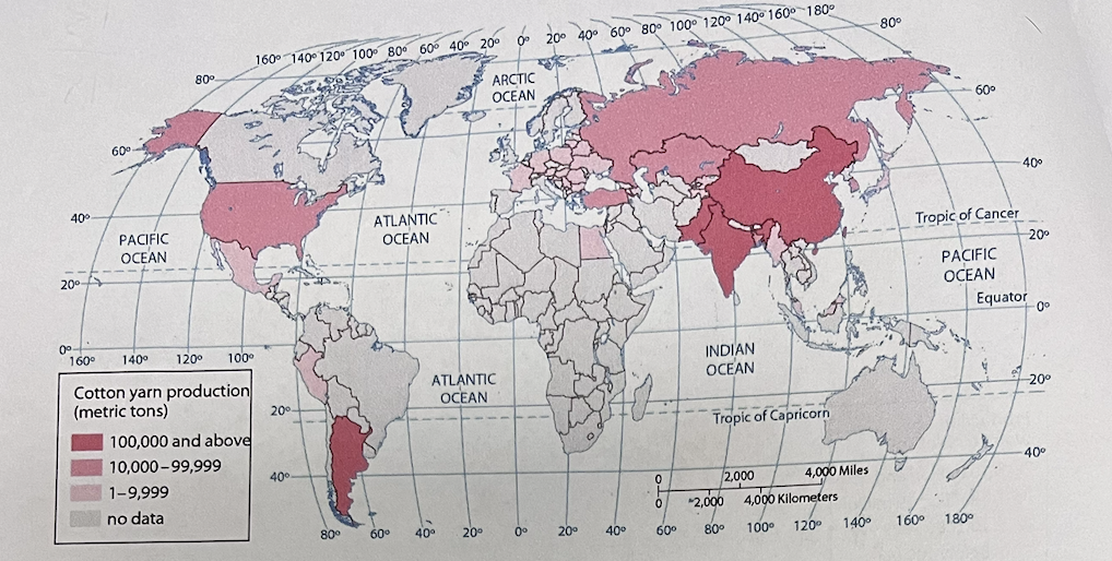<p>According to this map of cotton yarn production, after China, India, and Pakistan the world leaders in yarn production include</p><ol><li><p>Argentina, Russia, and Australia.</p></li><li><p>﻿Argentina, Brazil, Peru, Egypt, the United States, Turkey, Russia, and Australia.</p></li><li><p>﻿﻿﻿Egypt, France, Germany, Belgium, and Poland.</p></li><li><p>﻿﻿﻿Argentina, the United States, Iraq, Iran, and Russia.</p></li><li><p>Argentina, the United States, Turkey, Kazakhstan, and Russia.</p></li></ol>