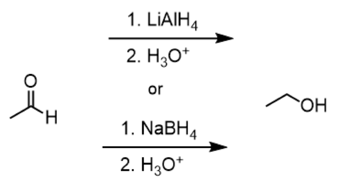 <ul><li><p>reagents: 1. LiAlH<sub>4</sub> 2. H<sub>3</sub>O<sup>+</sup> or 1. NaBH<sub>4</sub> 2. H<sub>3</sub>O<sup>+</sup></p><p></p></li></ul><p></p>