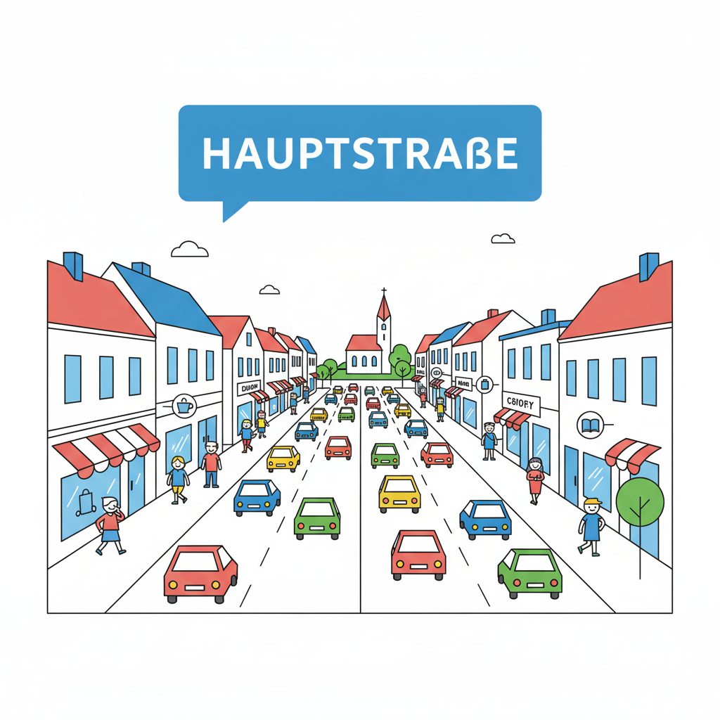<p>das Haupt, die Straße</p><p>The main street</p>