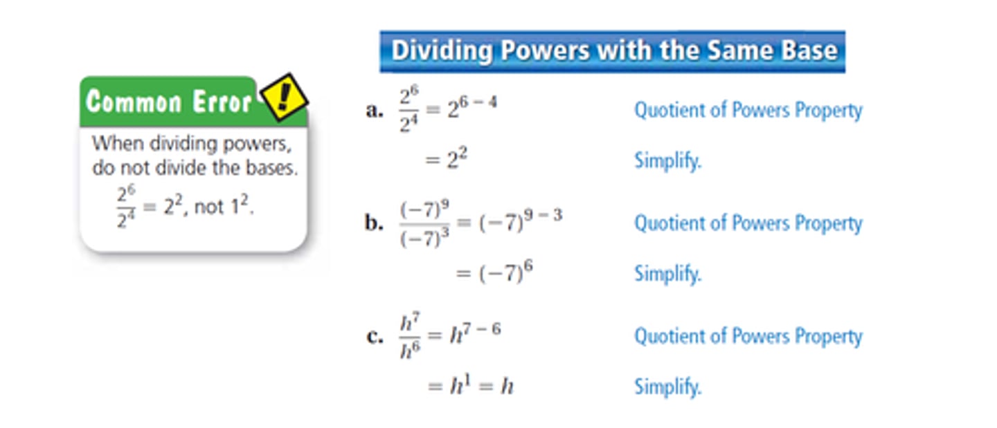 <p>Always subtract the exponent of the divisor (denominator) from the exponent of the dividend (numerator)</p>