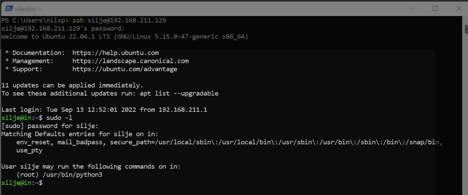 <p>eksamen oppgave 2022 høst: <br><br>I løpet av en pentest har du funnet passordet til en bruker som kan logge inn på en maskin gjennom ssh. Du logger inn og sjekker rettigheter - se bildet under. Nevn to måter å misbruke sudo-rettighetene du ser på bildet til å oppnå et root-shell.</p>