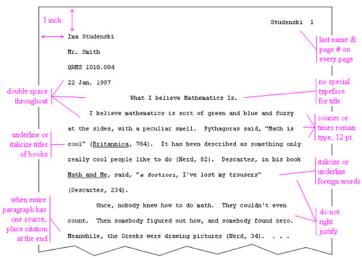 <p>Name, Teacher Name, Class, and Date</p><p>In top corner - last name and page number</p>