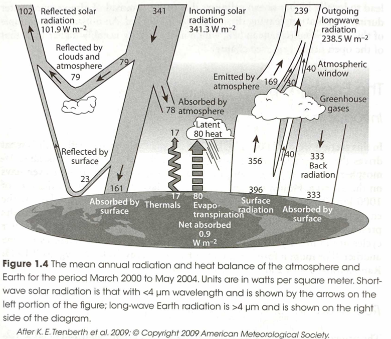 <p>102 watts/m2 is reflected and is known as <strong>Earth’s albedo</strong></p><ul><li><p>The majority of this is cloud cover (79 w/m2)</p></li><li><p>Thus, the water cycle is important</p></li></ul><p></p>