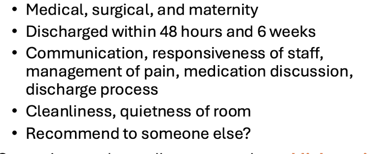 <ul><li><p>32 item survey to measure patient’s perceptions of their hospital experience</p></li></ul><p></p>