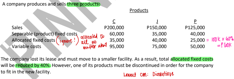 <p>Because the company's objective is to maximize profits, what is its expected net profit after the appropriate product has been discontinued?</p><p>a. P10,000</p><p>b. P15,000</p><p>c. P20,000</p><p>d. P25,000</p>