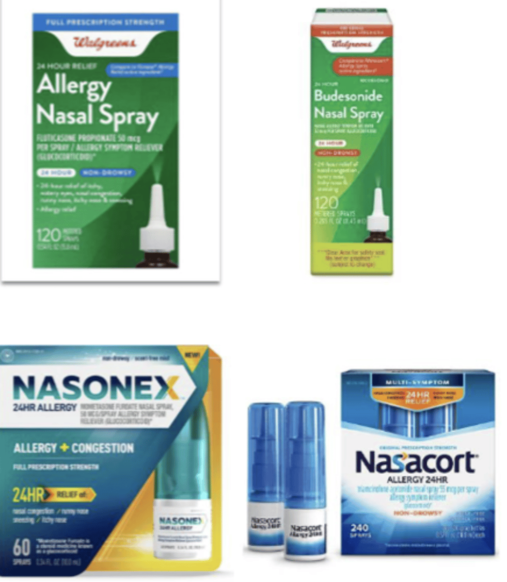 <p>- Rhinitis, itching, sneezing and congestion</p><p>- *considered first line in tx of most allergic rhinitis symptoms</p><p>ex: buesonide, fluticasone, triamcinolone, mometasone (flonase, nasacort, nasonex)</p>