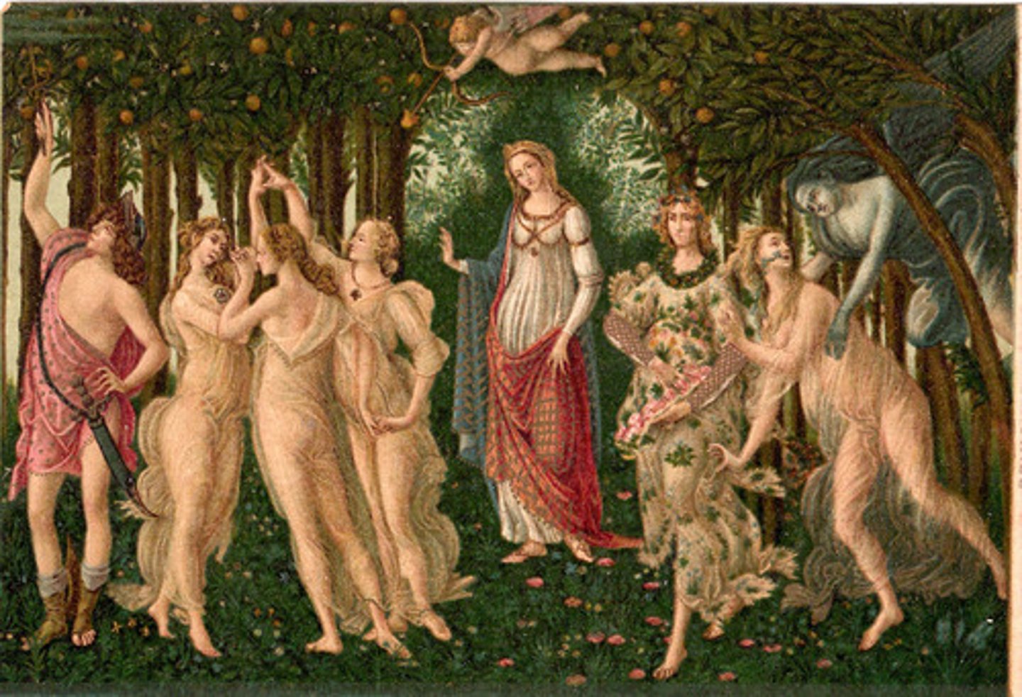 <p>Zephyr, Chloris, Flora, Venus, Cupid, three Graces, Mercury</p>