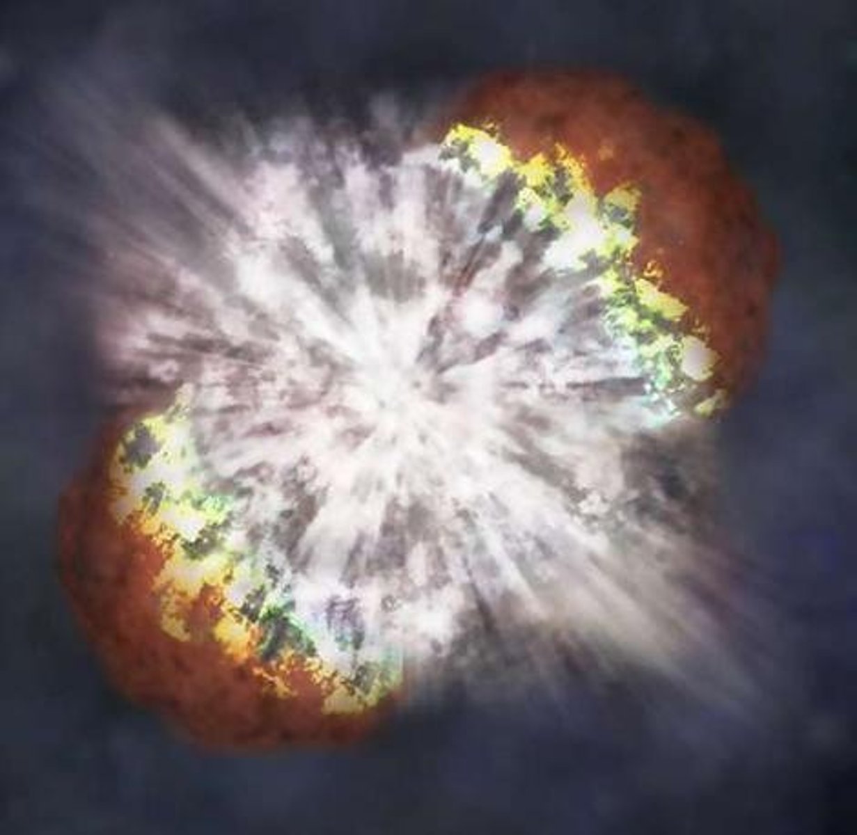 <p>A gigantic explosion in which a massive star collapses and ejects most of its mass</p>