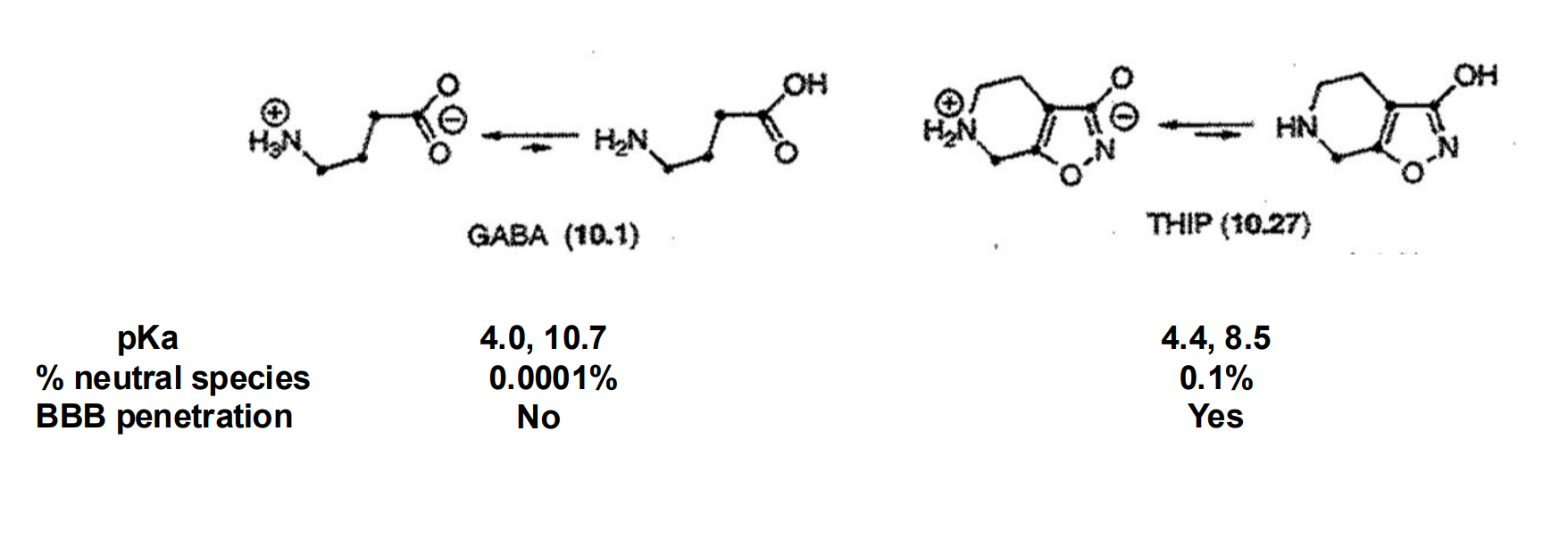 <p>NS bioavailability requires neutral species for passive diffusion in addition to low MW </p><ul><li><p>EX: THIP is a partial agonist at GABAA receptor and a conformationally restricted GABA mimic which, unlike GABA, has the ability to penetrate the blood brain barrier (BBB)</p></li><li><p>Notice the difference in pKa values for the anionic and cationic functional groups between GABA and THIP</p></li><li><p>EX: amines </p></li><li><p>For non-quaternary amines, there is a fraction of neutral species that can pass through the BBB via passive diffusion</p></li></ul><p></p>