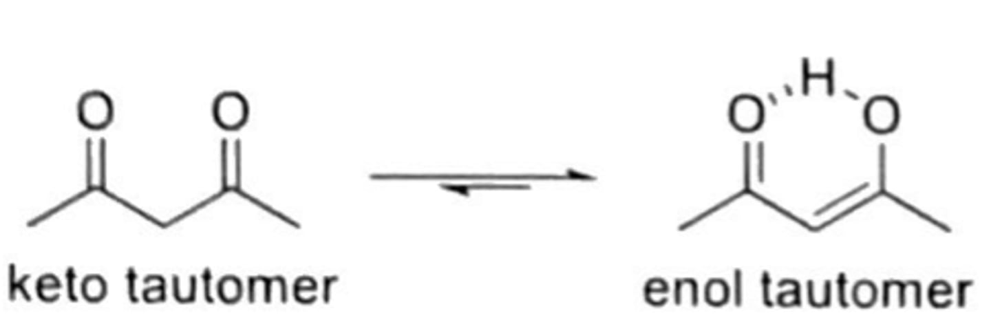 <p>aldehydes and ketones exist in both keto form (more common) and enol form (less common)</p>