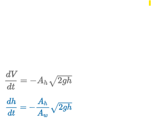 <p>“Torricelli’s Law states that the speed of which a fluid flows out of a hole of a container is equal to the speed of it falling freely from the height of the fluid’s surface to the level of the hole.”</p><p>A<sub>h</sub> = area (ft<sup>3</sup>) of hole</p><p>v = <span>√2gh = speed (ft/s) of water leaving the tank</span></p><p><span>V(t) = A<sub>w</sub>h = volume of water leaving the tank at time t</span></p>