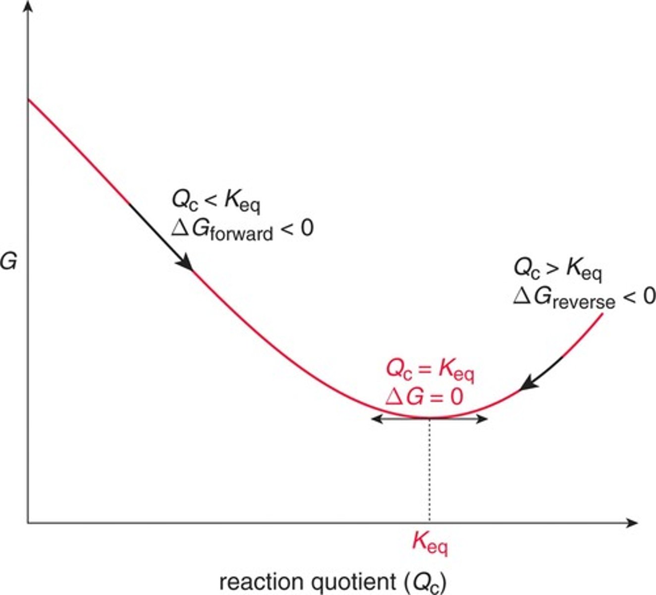 <p>- At any point in time during a reaction, we can measure the concentrations of all of the reactants and products and calculate the reaction.</p><p>- Qc < Keq ; Delta G < 0; forward reaction</p><p>- Qc > Keq; Delta G forward > 0; reverse reaction</p><p>- Qc = Keq; Delta G = 0; dynamic equilibrium</p><p>- Kc >> 1 the equilibrium mixture will favor products over reactants.</p>