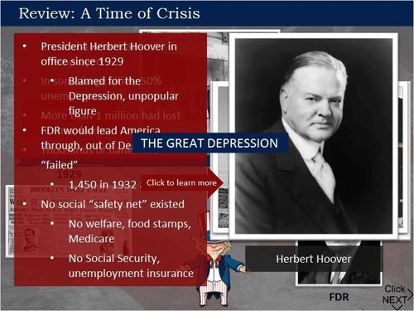 <p>Severe economic downturn beginning in 1929.</p>