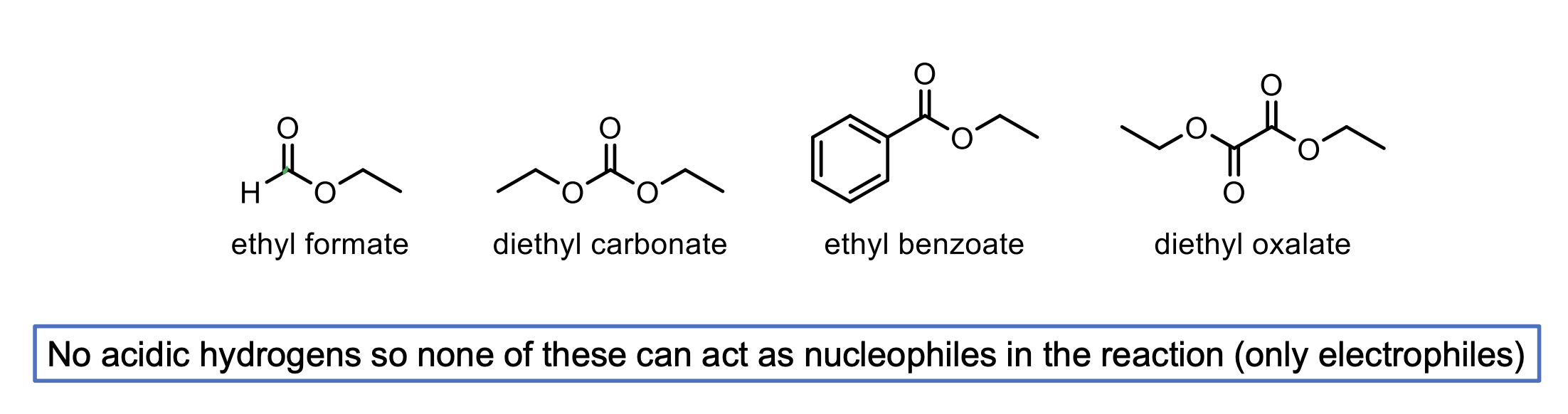 <p>These molecules don’t have alpha hydrogens.&nbsp;</p><ul><li><p>Ester with Hydrogen (ethyl formate)</p></li></ul><ul><li><p>Ester with another OR (diethyl carbonate)</p></li><li><p>Ester with benzyl ring (ethyl benzoate)</p></li><li><p>Ester with another ester directly attached (diethyl oxalate). </p></li></ul><p></p>
